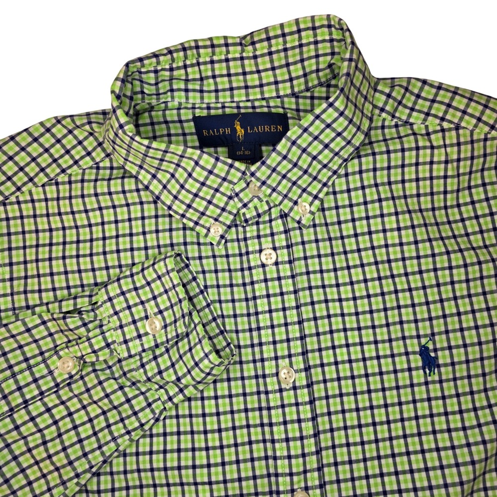 Ralph Lauren Kids‎ L 14-16 Button Down Shirt Long Sleeve Green Navy Gingham Polo